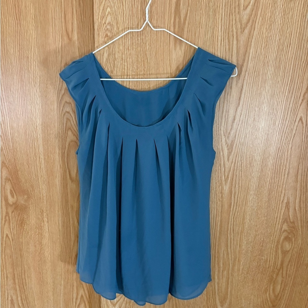 Ann Taylor Soft Blue Swing Pleated Lined Cap Sleeve Blouse Top